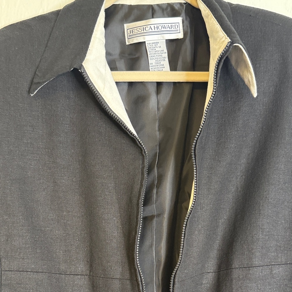 Jessica Howard Vintage Black Linen Blend Zip Up Jacket Contrast Cuff Size 12 - Picture 4 of 10